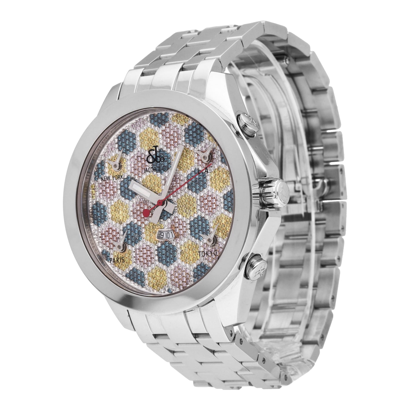 Jacob & Co 5 Time Zone Stainless Steel Diamond Dial 47mm Quartz Men's Watch JC61