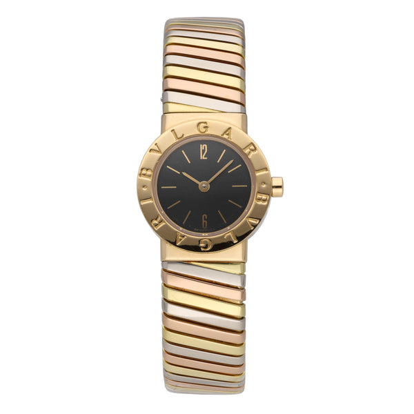 Bulgari Tubogas 18k Tri-Color Gold Black Dial 25mm Quartz Ladies Watch BB232T