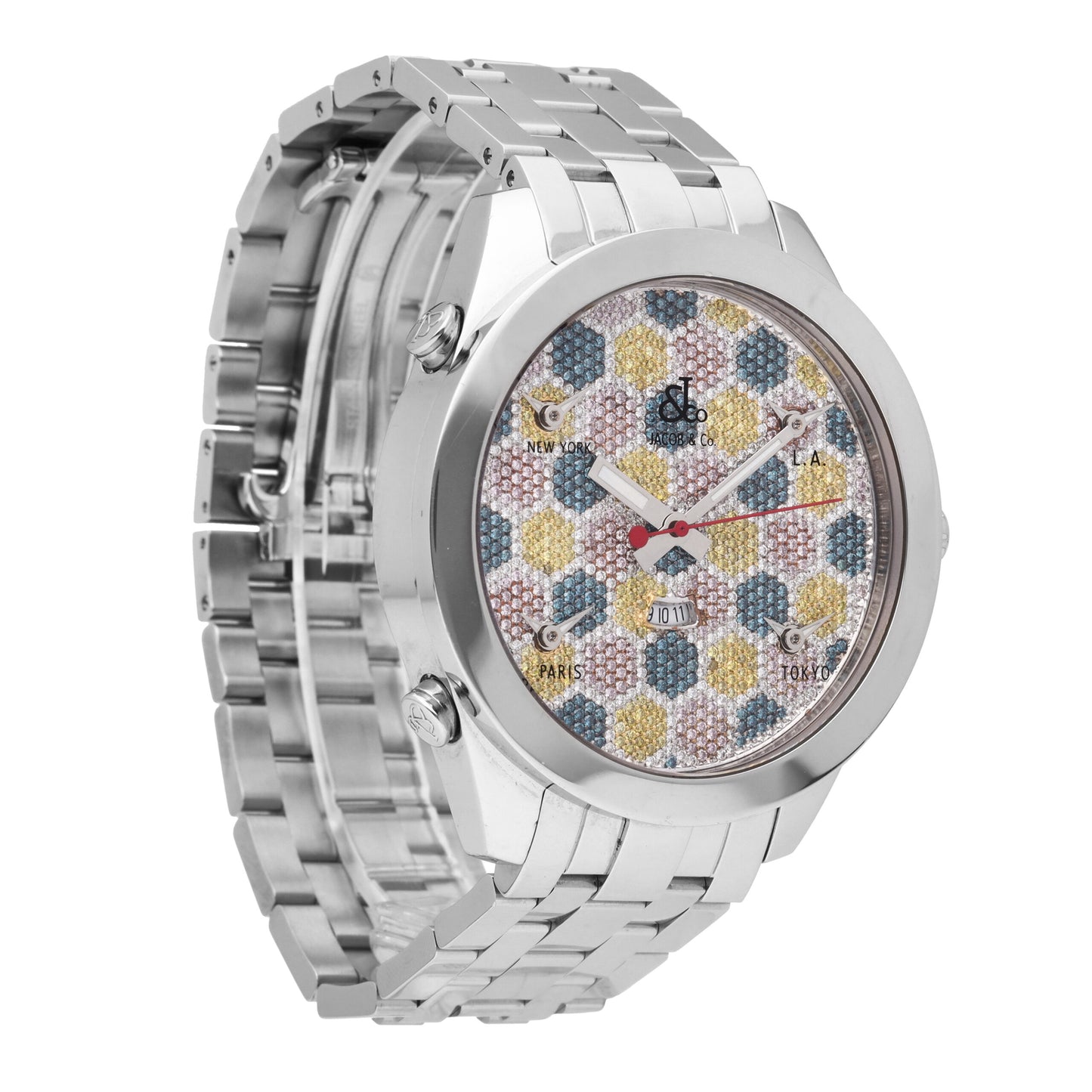 Jacob & Co 5 Time Zone Stainless Steel Diamond Dial 47mm Quartz Men's Watch JC61