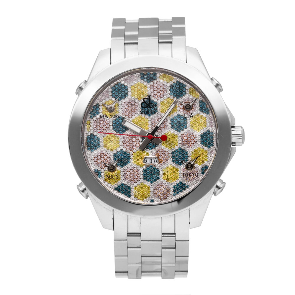 Jacob & Co 5 Time Zone Stainless Steel Diamond Dial 47mm Quartz Men's Watch JC61
